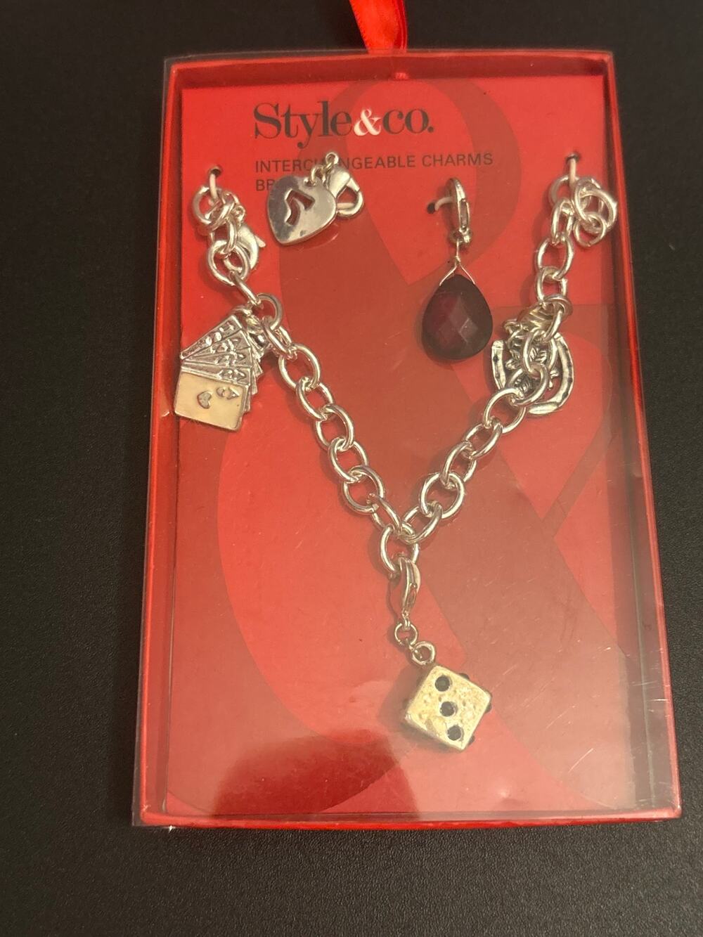 Style & Co.  Charm Bracelet Dice Heart Horse Carriage Silver Tone